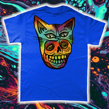 Load image into Gallery viewer, &quot;PSYCHEDELIC KITTY-MASK SKULL&quot;- FRONT AND BACK PRINT Tee- Assorted Colours
