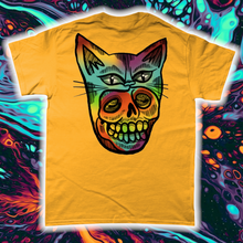 Load image into Gallery viewer, &quot;PSYCHEDELIC KITTY-MASK SKULL&quot;- FRONT AND BACK PRINT Tee- Assorted Colours
