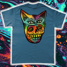 Load image into Gallery viewer, &quot;PSYCHEDELIC KITTY-MASK SKULL&quot;- FRONT AND BACK PRINT Tee- Assorted Colours
