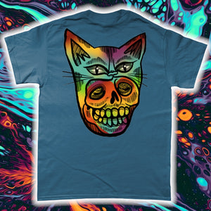 "PSYCHEDELIC KITTY-MASK SKULL"- FRONT AND BACK PRINT Tee- Assorted Colours