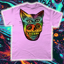 Load image into Gallery viewer, &quot;PSYCHEDELIC KITTY-MASK SKULL&quot;- FRONT AND BACK PRINT Tee- Assorted Colours
