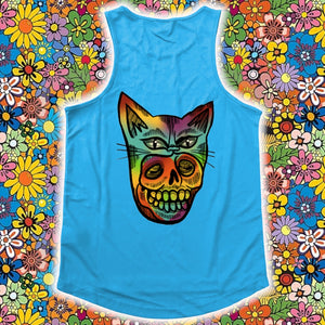 "PSYCHEDELIC KITTY-MASK SKULL" FRONT AND BACK PRINT Vests- Assorted Colours