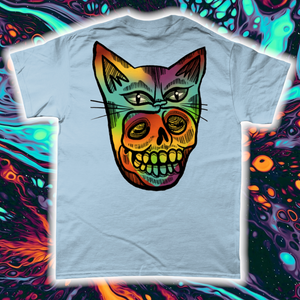 "PSYCHEDELIC KITTY-MASK SKULL"- FRONT AND BACK PRINT Tee- Assorted Colours