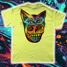 Load image into Gallery viewer, &quot;PSYCHEDELIC KITTY-MASK SKULL&quot;- FRONT AND BACK PRINT Tee- Assorted Colours
