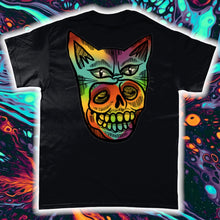 Load image into Gallery viewer, &quot;PSYCHEDELIC KITTY-MASK SKULL&quot;- FRONT AND BACK PRINT Tee- Assorted Colours
