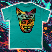 Load image into Gallery viewer, &quot;PSYCHEDELIC KITTY-MASK SKULL&quot;- FRONT AND BACK PRINT Tee- Assorted Colours
