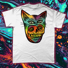 Load image into Gallery viewer, &quot;PSYCHEDELIC KITTY-MASK SKULL&quot;- FRONT AND BACK PRINT Tee- Assorted Colours
