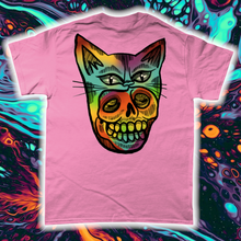 Load image into Gallery viewer, &quot;PSYCHEDELIC KITTY-MASK SKULL&quot;- FRONT AND BACK PRINT Tee- Assorted Colours
