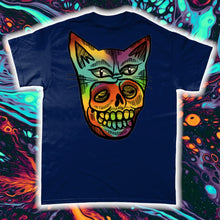 Load image into Gallery viewer, &quot;PSYCHEDELIC KITTY-MASK SKULL&quot;- FRONT AND BACK PRINT Tee- Assorted Colours
