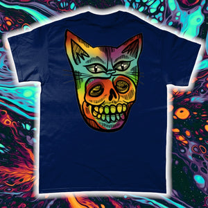 "PSYCHEDELIC KITTY-MASK SKULL"- FRONT AND BACK PRINT Tee- Assorted Colours