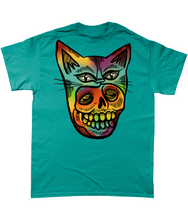 Load image into Gallery viewer, &quot;PSYCHEDELIC KITTY-MASK SKULL&quot;- FRONT AND BACK PRINT Tee- Assorted Colours
